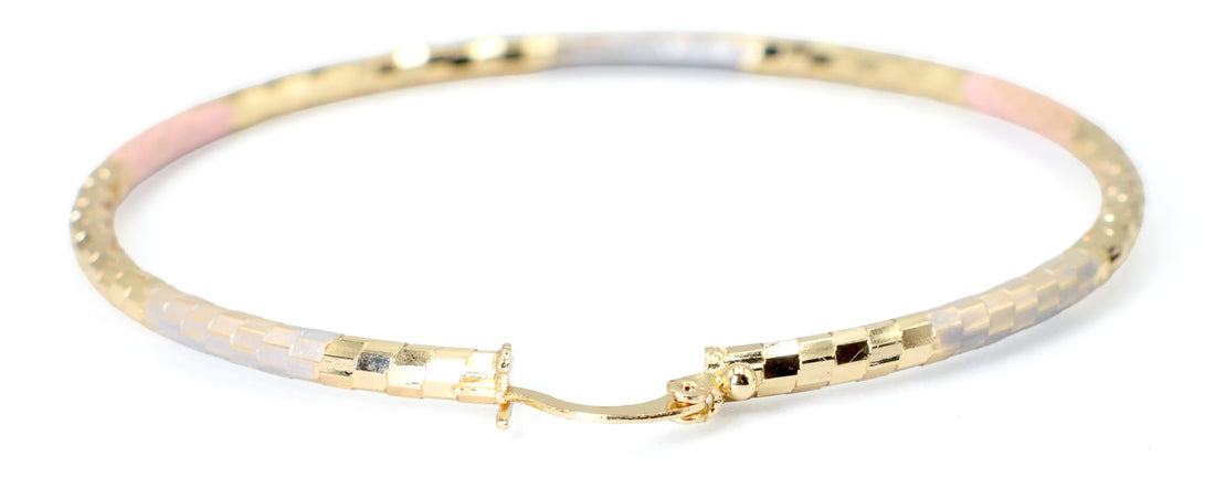 2.75 Inch Large Skinny Diamond Laser Cut Texture Tri-Tone Hoop Earrings, Rose Gold Yellow Gold Silver Tone, 18k Gold Filled Plated