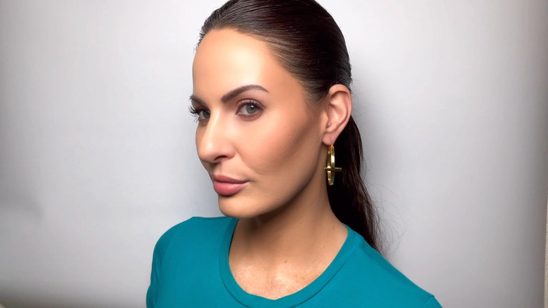 Pure Ziva Yellow Gold Tone Christian Cross Hoop Earrings, 1.75 Inch, Stainless Steel, Nickel Free