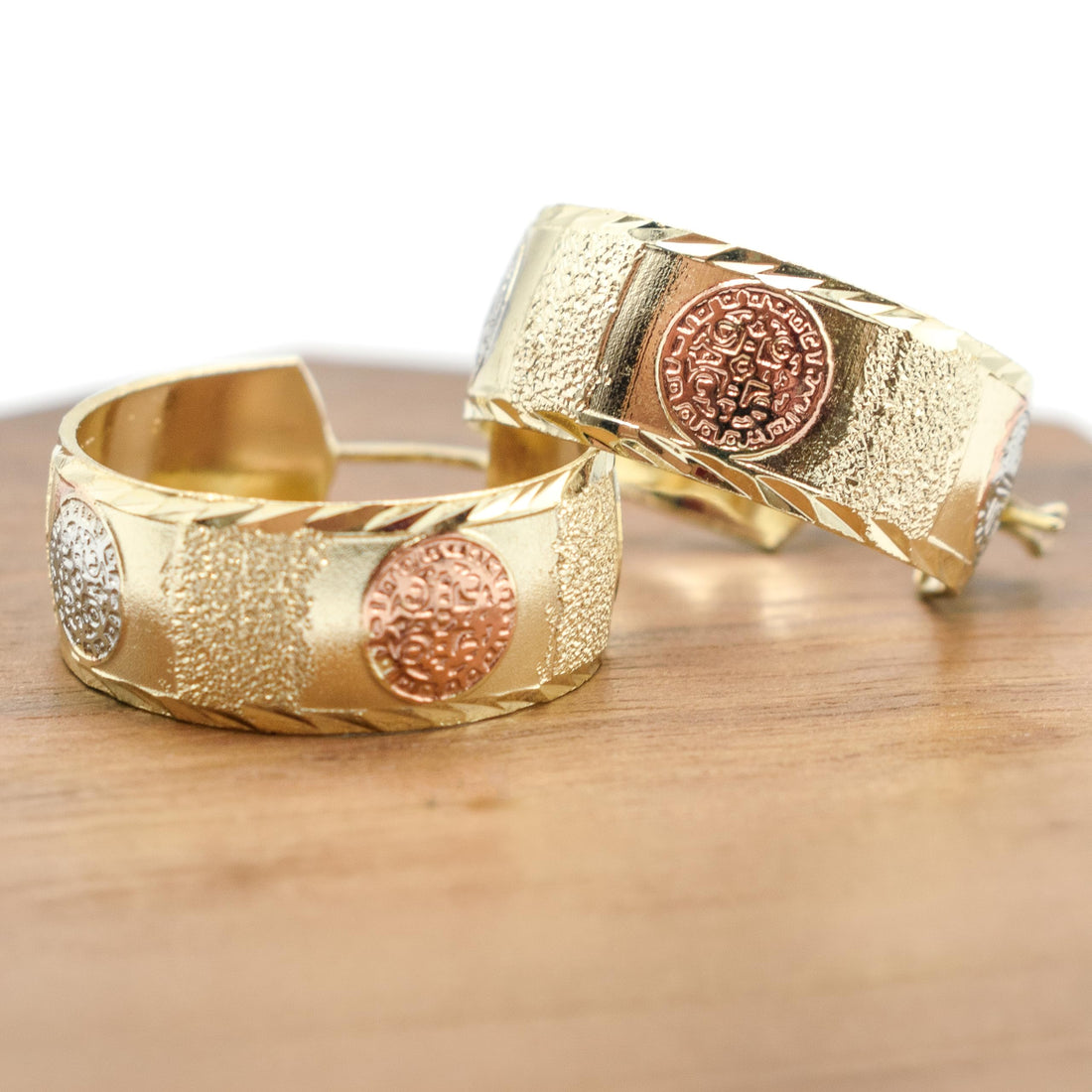 Saint Benedict Cross Tri-Tone Hoop Earrings, Rose Gold Yellow Gold Silver Tone, 1 Inch Round Circle, Sparkly Glitter Statement, Gold Plated