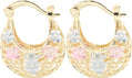 0.80 Filigree Lace Hollow Pink & Purple Flower Floral Cut Out Hoop Earrings, 18k Yellow Gold Filled