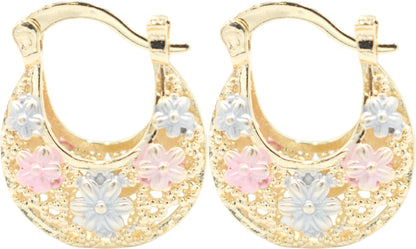 0.80 Filigree Lace Hollow Pink & Purple Flower Floral Cut Out Hoop Earrings, 18k Yellow Gold Filled