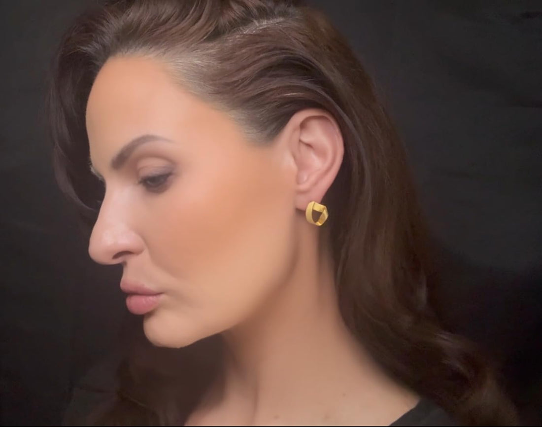 Sculpted Ribbon Triangular Matte Stud Earrings, 18K Gold Plated 925 Sterling Silver, Push Backs, 0.57 Inch