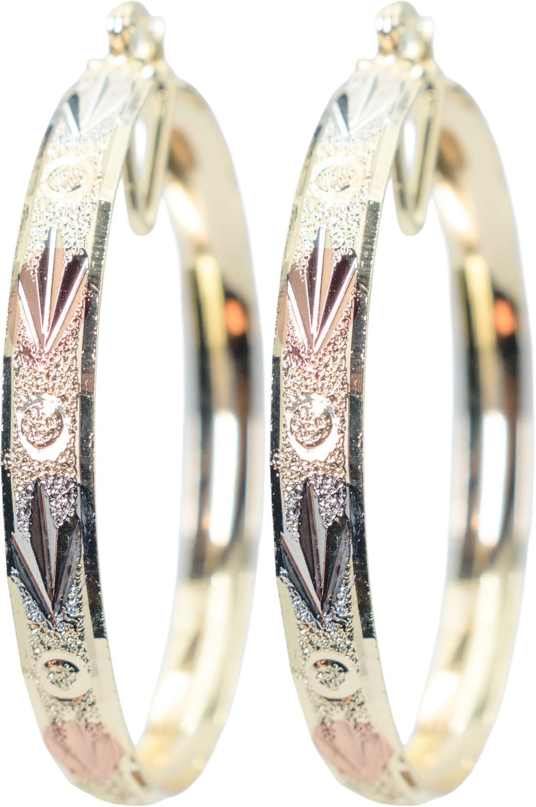 2.12" Inch Circle and Tribal Arrow Design Tri-Tone Rose Gold, Yellow Golden, & Silver Tone Sparkly Glitter Statement Hoop Earrings, Gold Plated