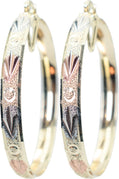 2.12" Inch Circle and Tribal Arrow Design Tri-Tone Rose Gold, Yellow Golden, & Silver Tone Sparkly Glitter Statement Hoop Earrings, Gold Plated