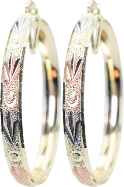 2.12" Inch Circle and Tribal Arrow Design Tri-Tone Rose Gold, Yellow Golden, & Silver Tone Sparkly Glitter Statement Hoop Earrings, Gold Plated