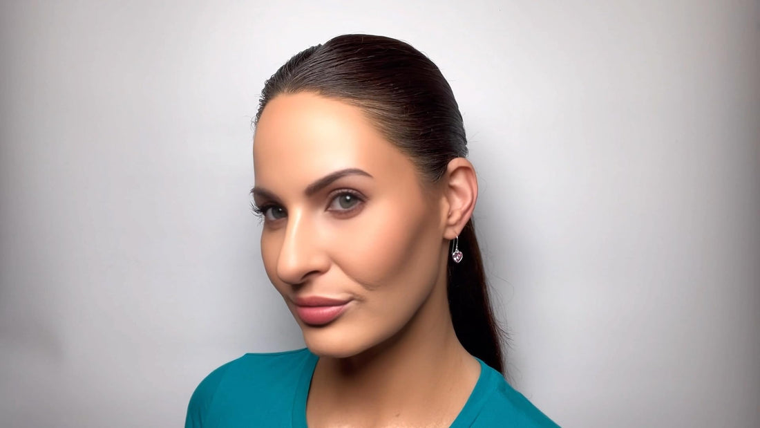 Pink 1 Inch Heart CZ Crystal Dangle Drop Earrings, 925 Sterling Silver, Fish Hook Fishhook Backings