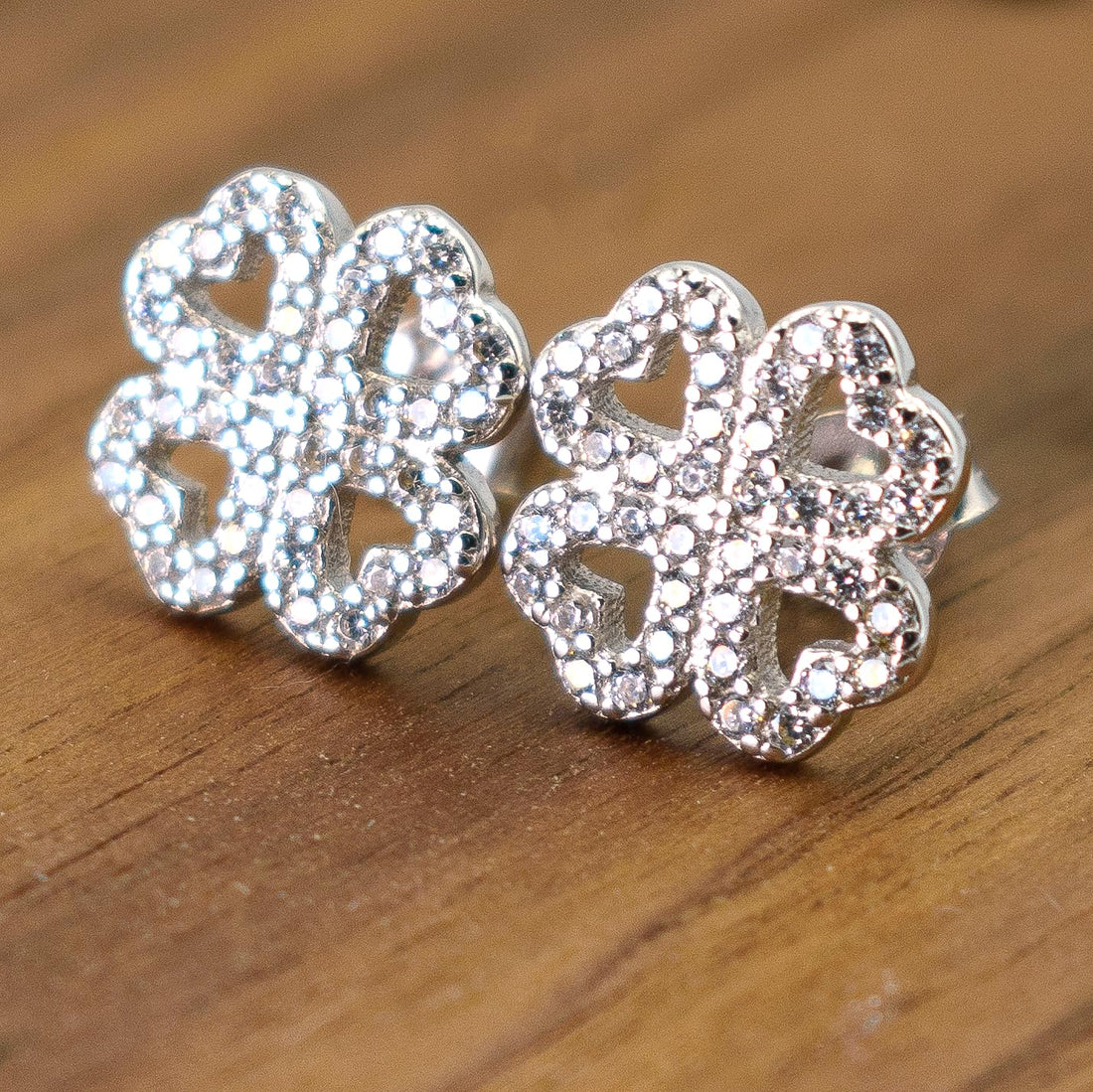 Pure Ziva 4 Leaf Clover Shamrock Stud Earrings, 925 Sterling Silver, CZ Stones, 11mm