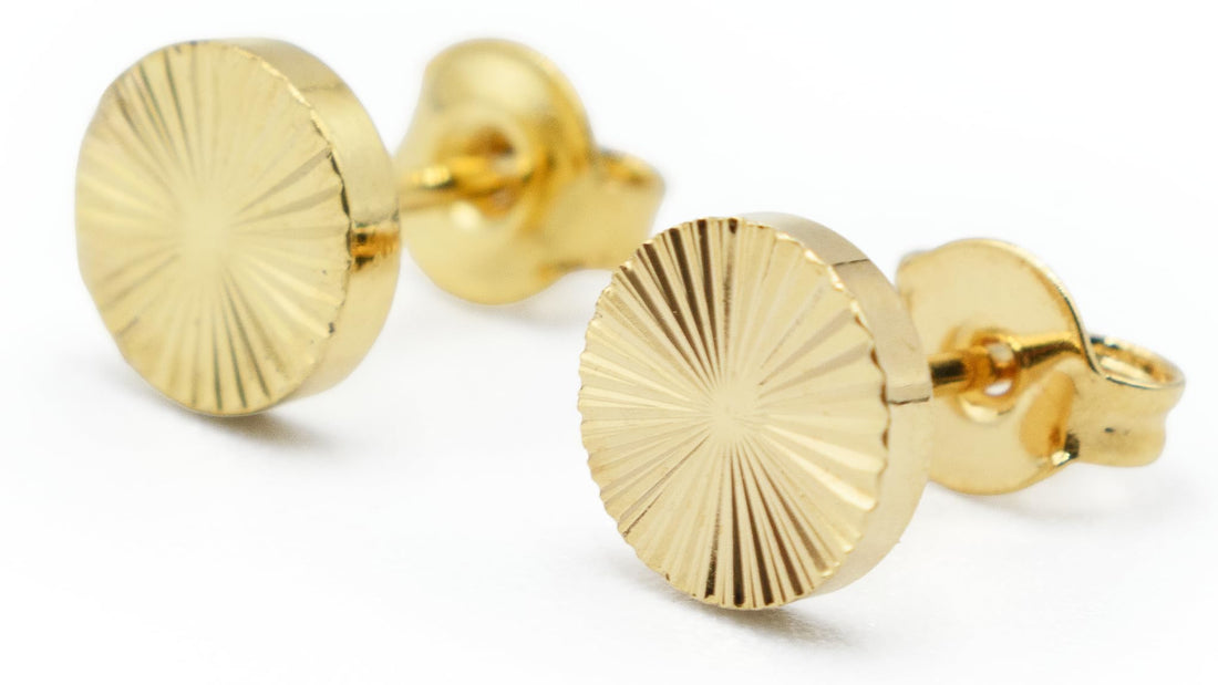 7mm Round Diamond Cut Texture Sunburst Stud Earrings for Women, 18k Yellow Gold Filled Plated, Nickel Free