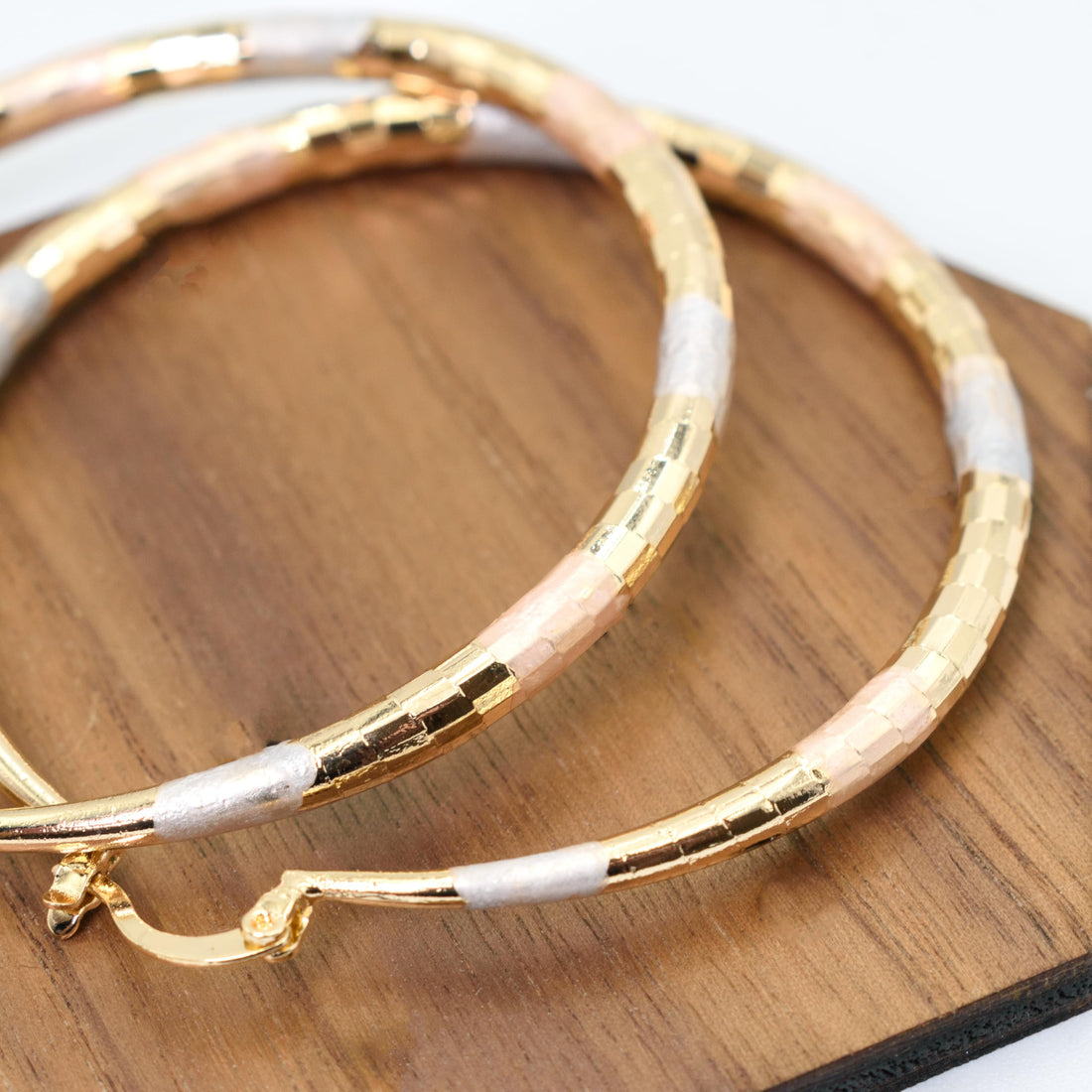 2.36" Inch Diamond Laser Cut Texture Tri-Tone Hoop Earrings, Painted Rose Gold Yellow Gold Silver Tone, 18k Gold Filled Plated