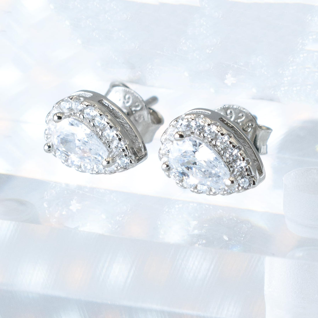 Teardrop Halo Bridal Style Cubic Zirconia CZ Stud Earrings, 925 Sterling Silver