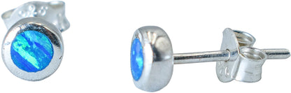 5.5mm Round Bezel Set Blue Opal Stud Earrings, 925 Sterling Silver