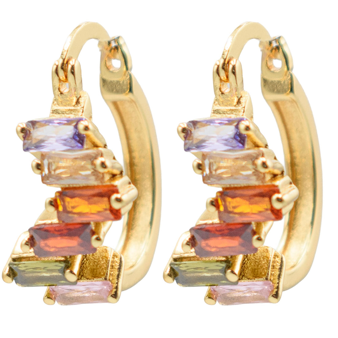 0.82" Inch Beautiful Baguette Style Asymmetrical Cubic Zirconia CZ Huggie Hoop Earrings, 18k Gold Filled Plated (Multicolored)