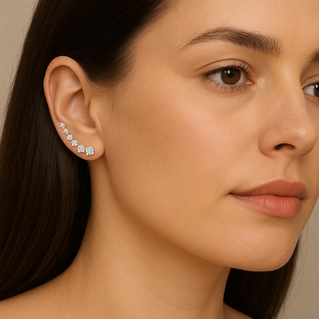 0.80" Inch Crystal Ear Crawler Cuff Earrings Hypoallergenic Stud Ear Climber Jackets, 925 Sterling Silver