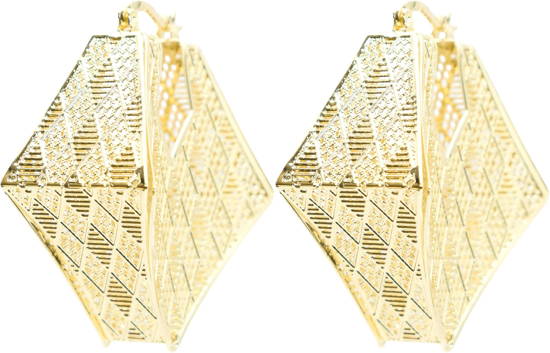 1.75" Inch Geometric Trapezoid Hollow Lace Cut Out Chunky Hoop Earrings, 18k Yellow Gold Filled, Hinge Post