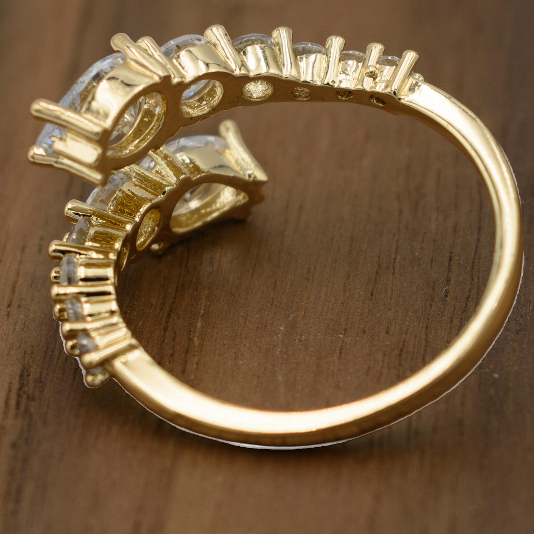 Adjustable Bypass Mixed Cut CZ Engagement Ring, Yellow Gold Filled Metal, Round & Pear Shaped Cubic Zirconia