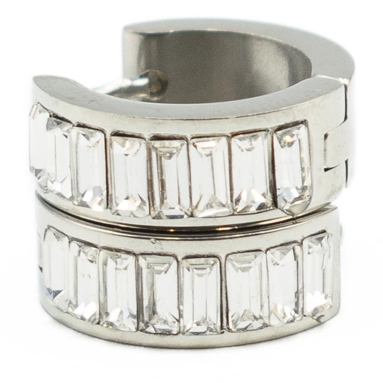0.60 Inch 316L Stainless Steel Hypoallergenic Huggie Hoop Earrings, Baguette Rectangle Shape CZ Cubic Zirconia