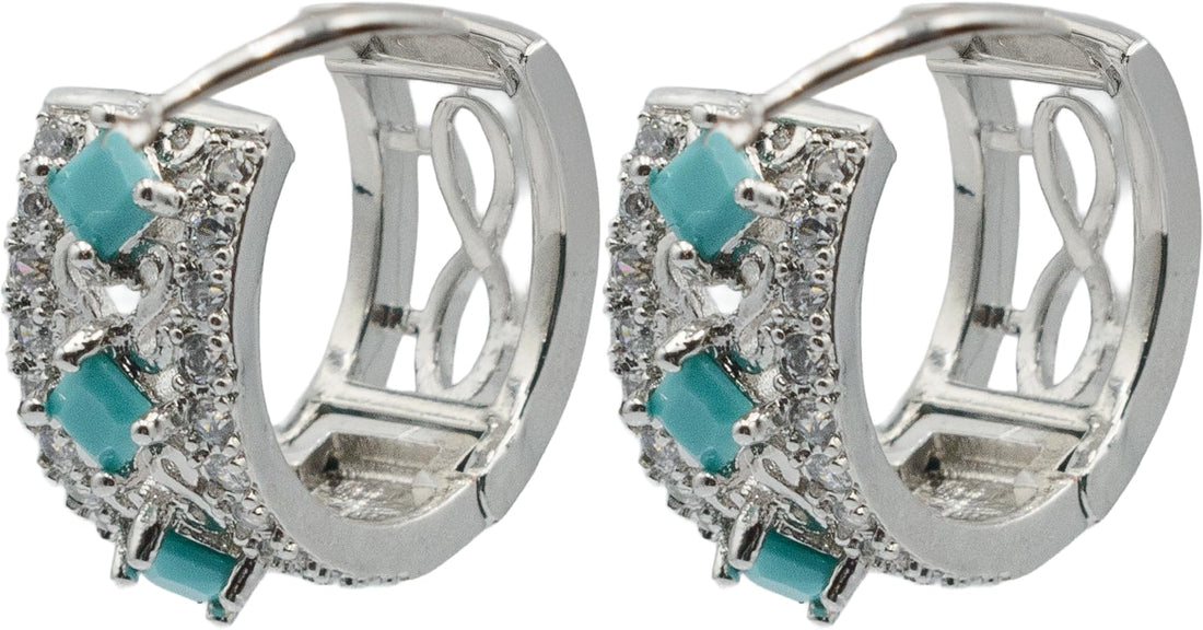 0.80" Inch Simulated Turquoise & White Cubic Zirconia CZ Filigree Lace Huggie Hoop Earrings, Bright Silver Rhodium Plating