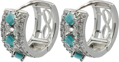 0.80" Inch Simulated Turquoise & White Cubic Zirconia CZ Filigree Lace Huggie Hoop Earrings, Bright Silver Rhodium Plating