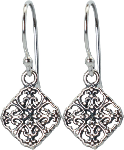 0.90" Inch Filigree Boho Bohemian Diamond Shape Dangle Drop Earrings, 925 Sterling Silver