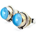Dainty Round 6.5mm Light Blue Moonstone Stud Earrings, Vintage Antique Detailing, 925 Sterling Silver