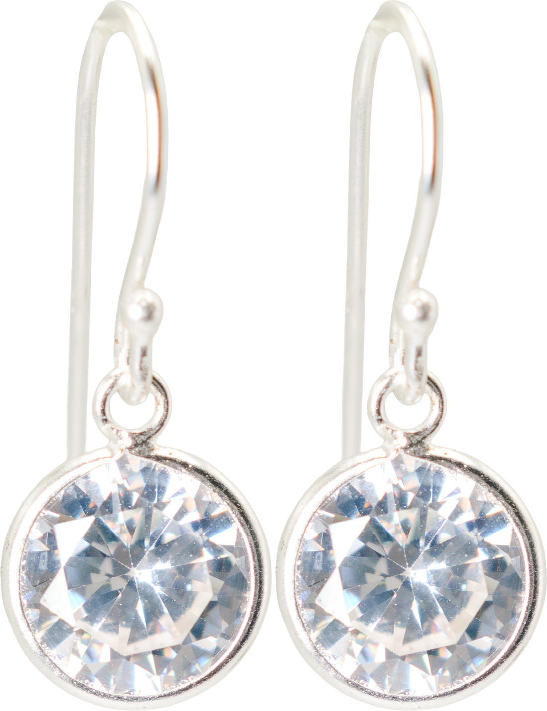 0.90" Inch Classic Simple Bezel Set Round Clear White CZ Crystal Dangle Drop Earrings, 925 Sterling Silver, French Wire Backs