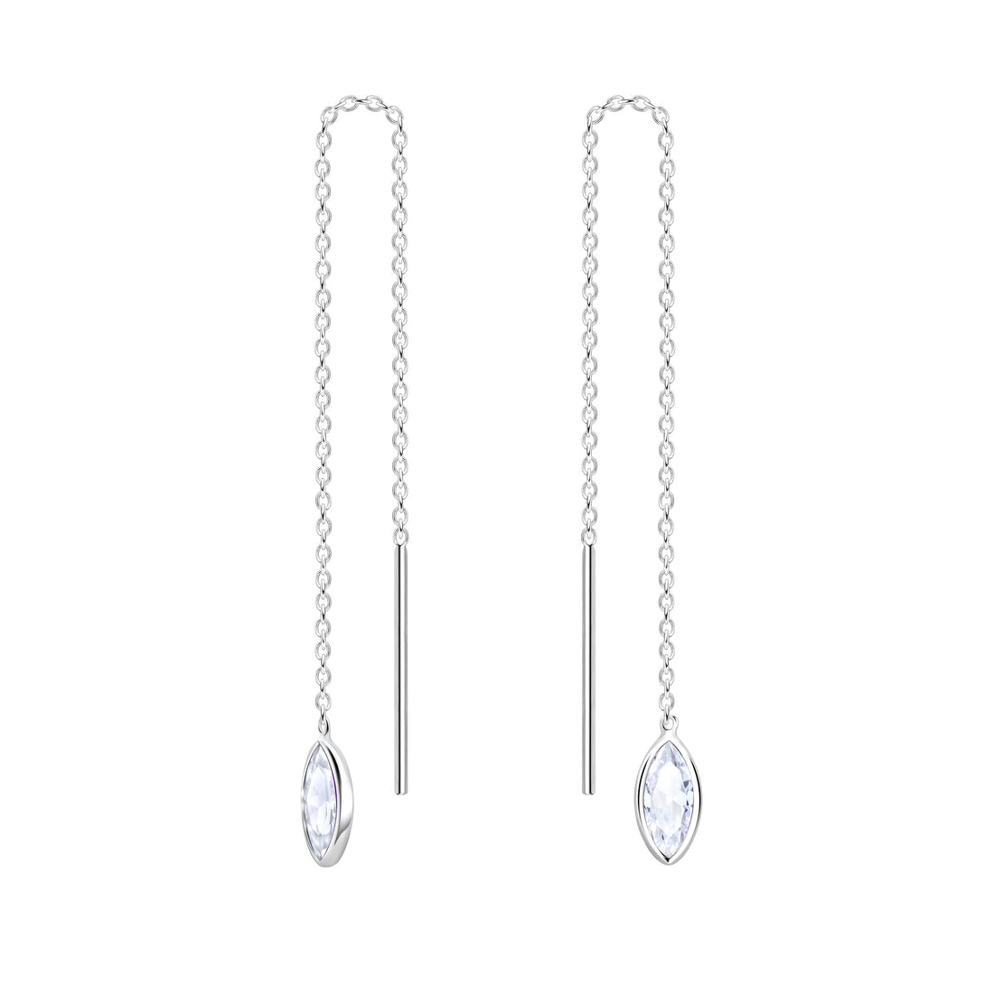 Sterling Silver Threader Earrings, 2.3 Inch Dangle Drop, Marquise Cut Cubic Zirconia