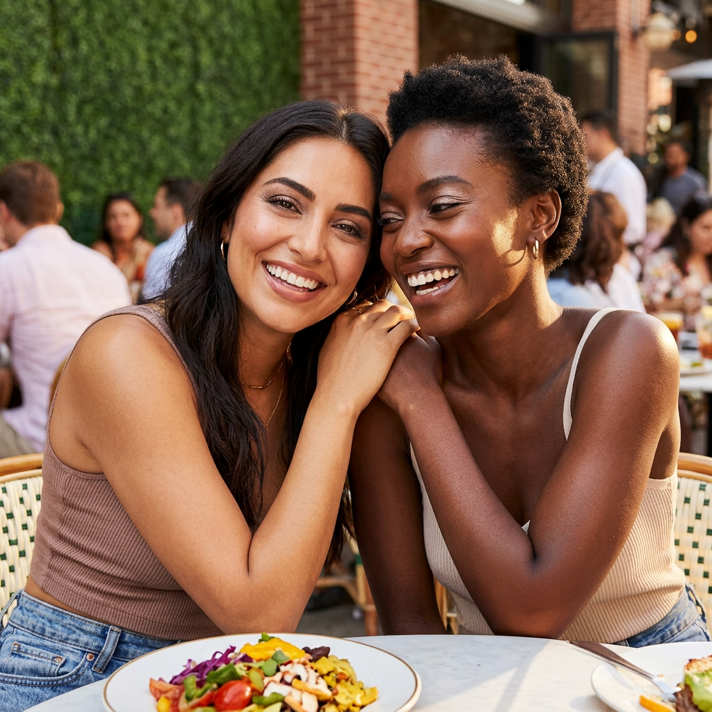 Two women smiling and enjoying a meal together outdoors.