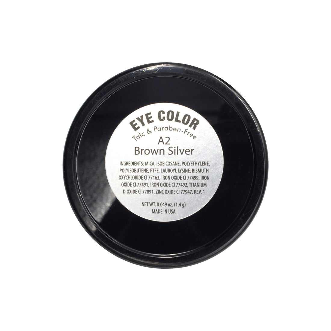Black container of eye color with a white label on a white background