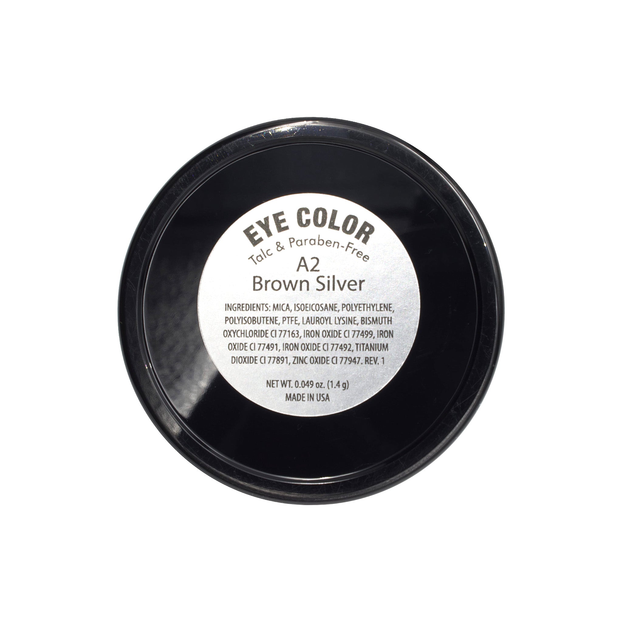 Black container of eye color with a white label on a white background