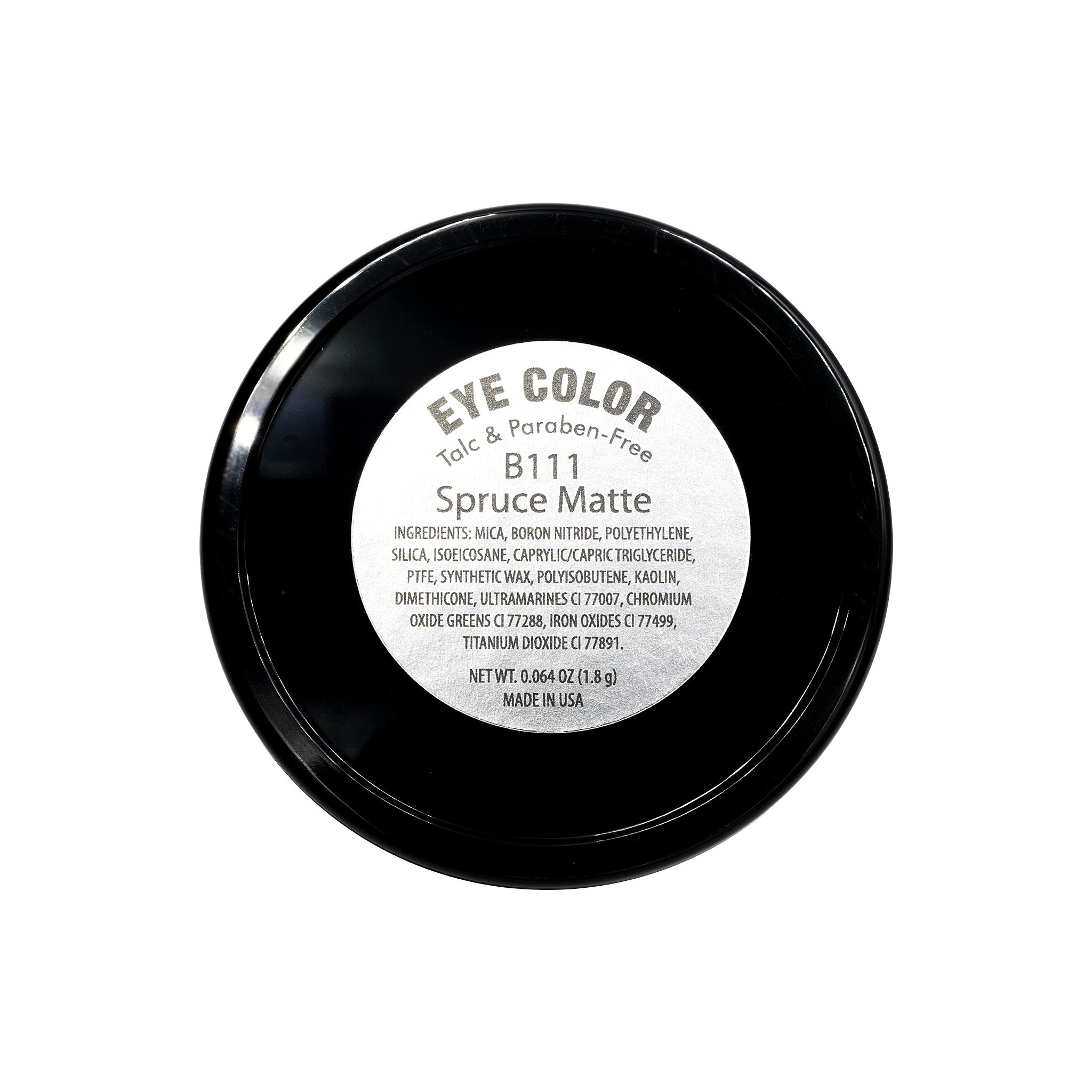 Black eye color container with a white label on a white background
