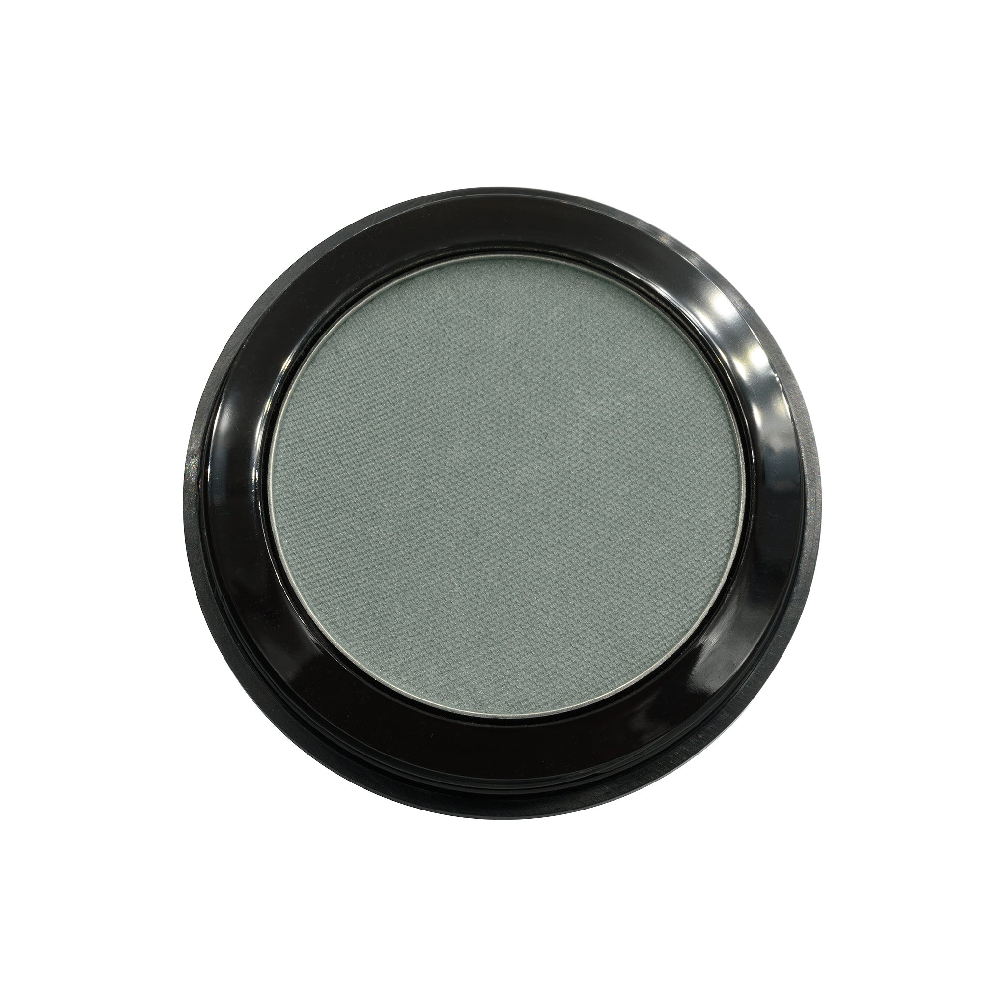 Round eyeshadow compact with black rim on a white background