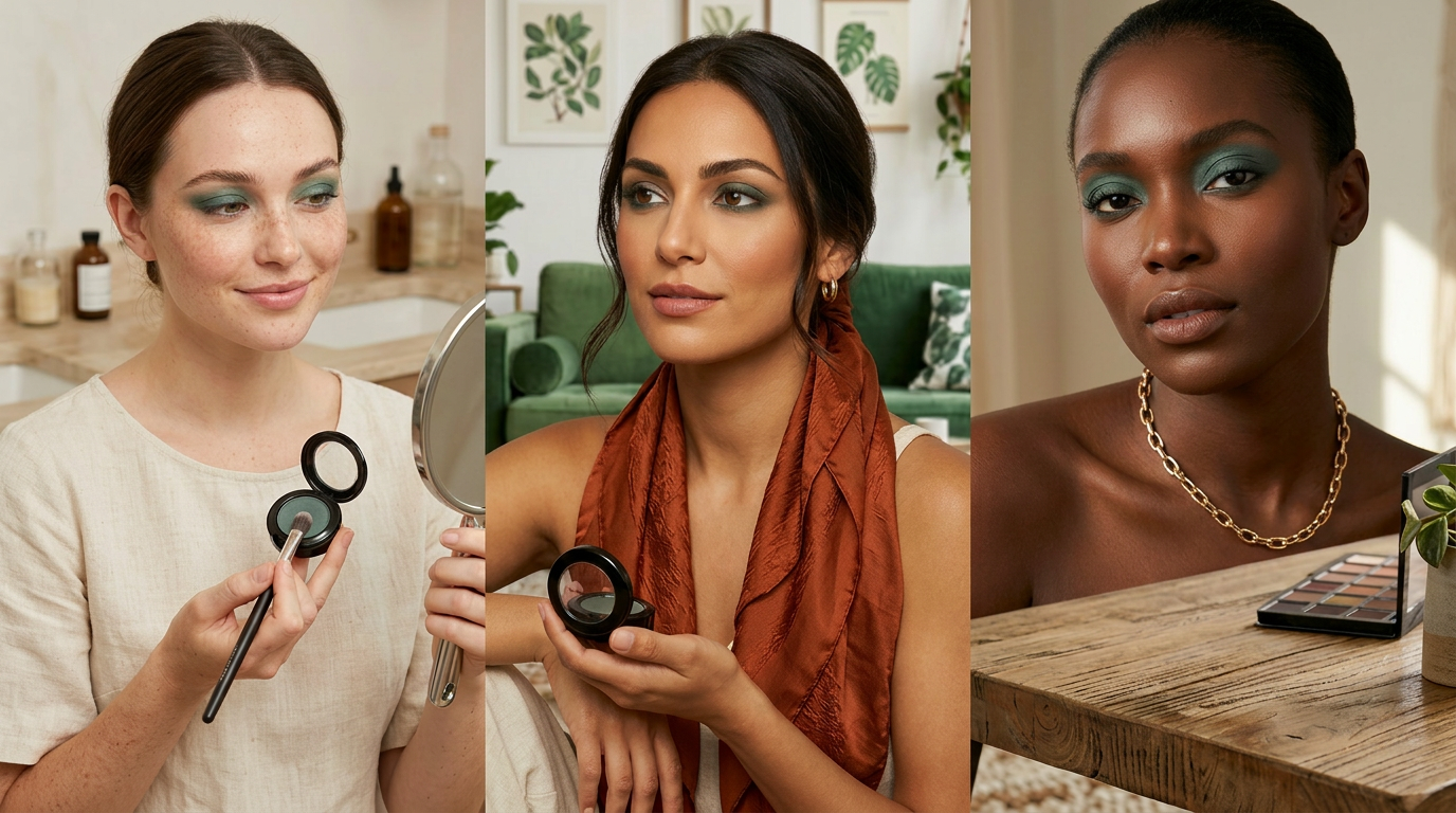 Three women with different hairstyles and makeup styles in a home setting.