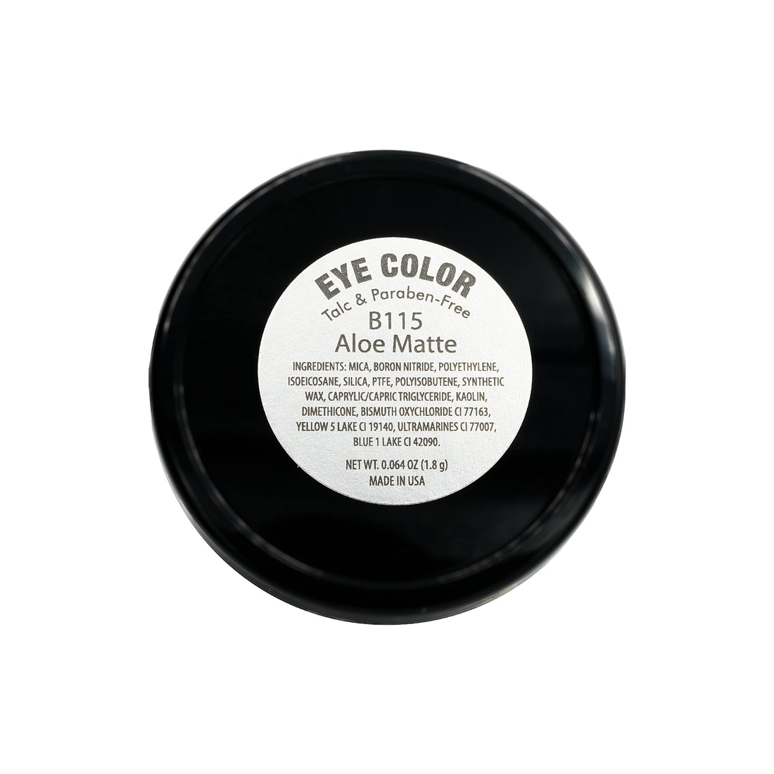 Black eye color container with a white label on a white background