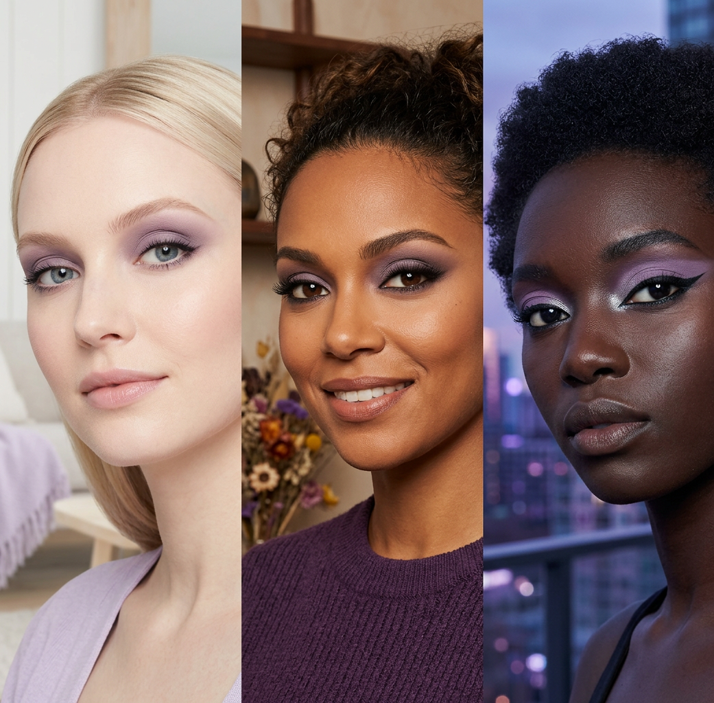 Three women with different hair colors and styles, set against various backgrounds.