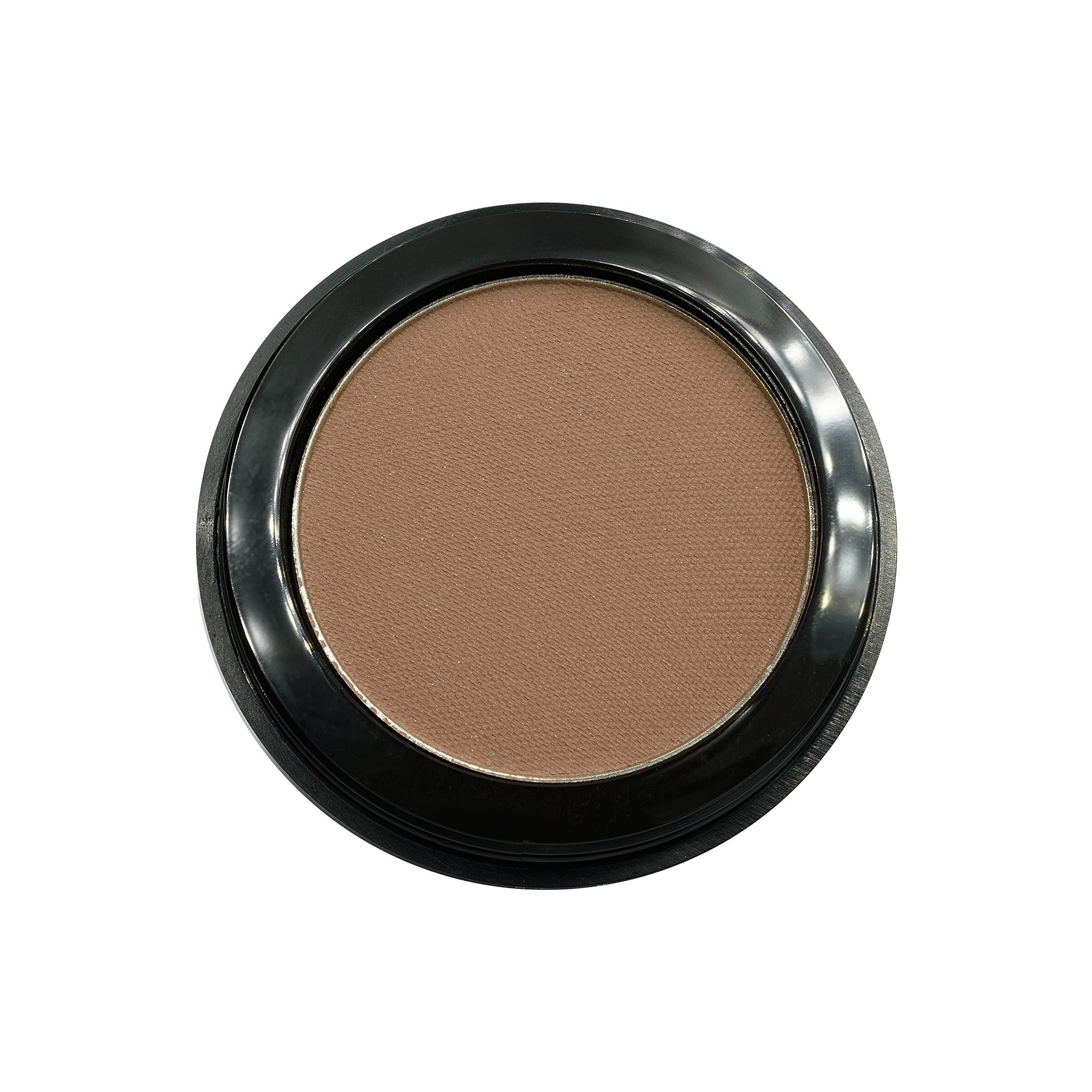 Brown makeup compact with black rim on a white background