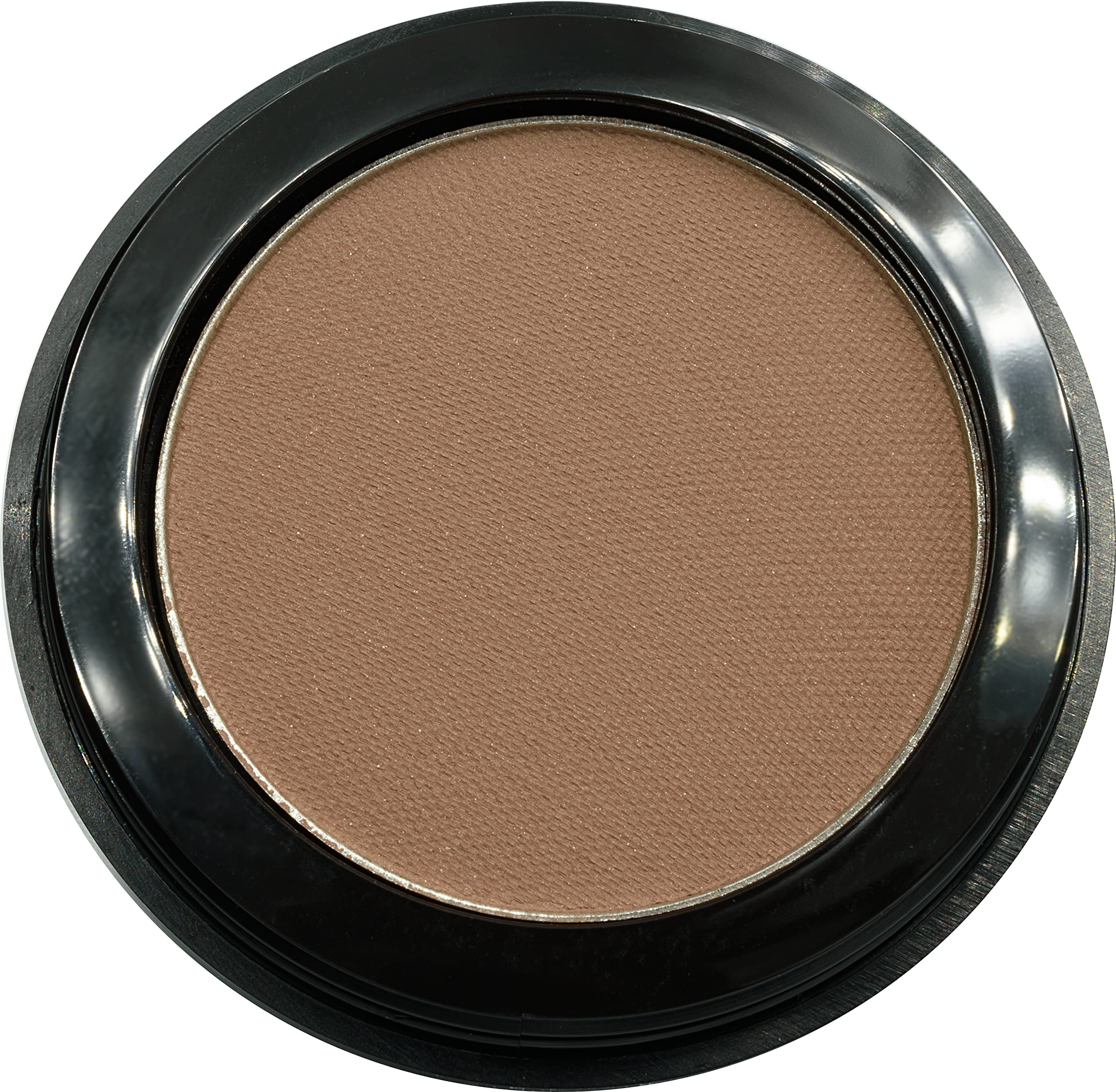 Brown eyeshadow in a round compact with black and silver casing on a white background