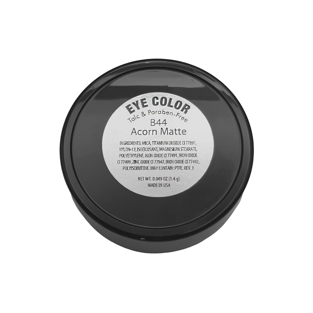Black eye color container with a white label on a white background