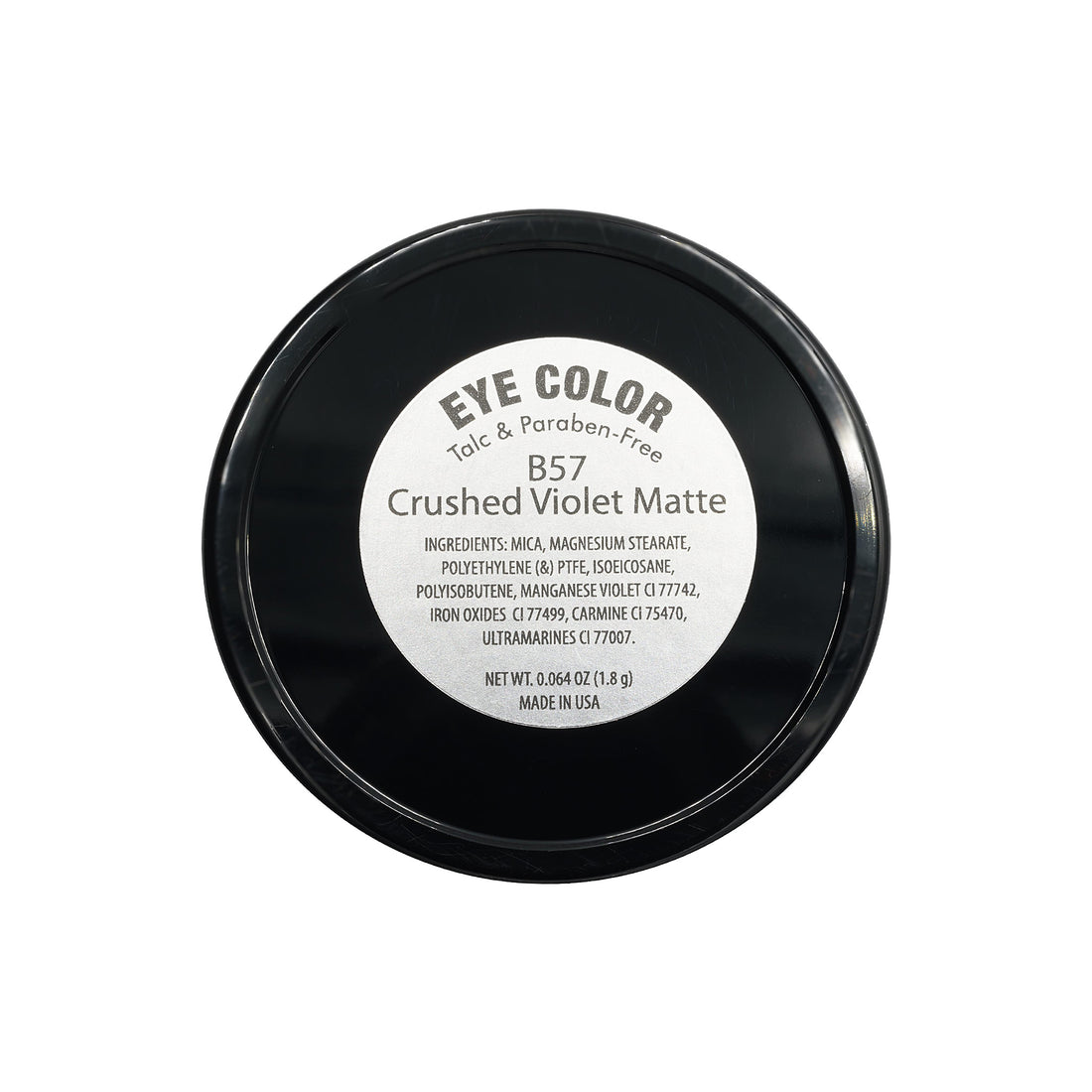 Black container of eye color with a white label on a white background