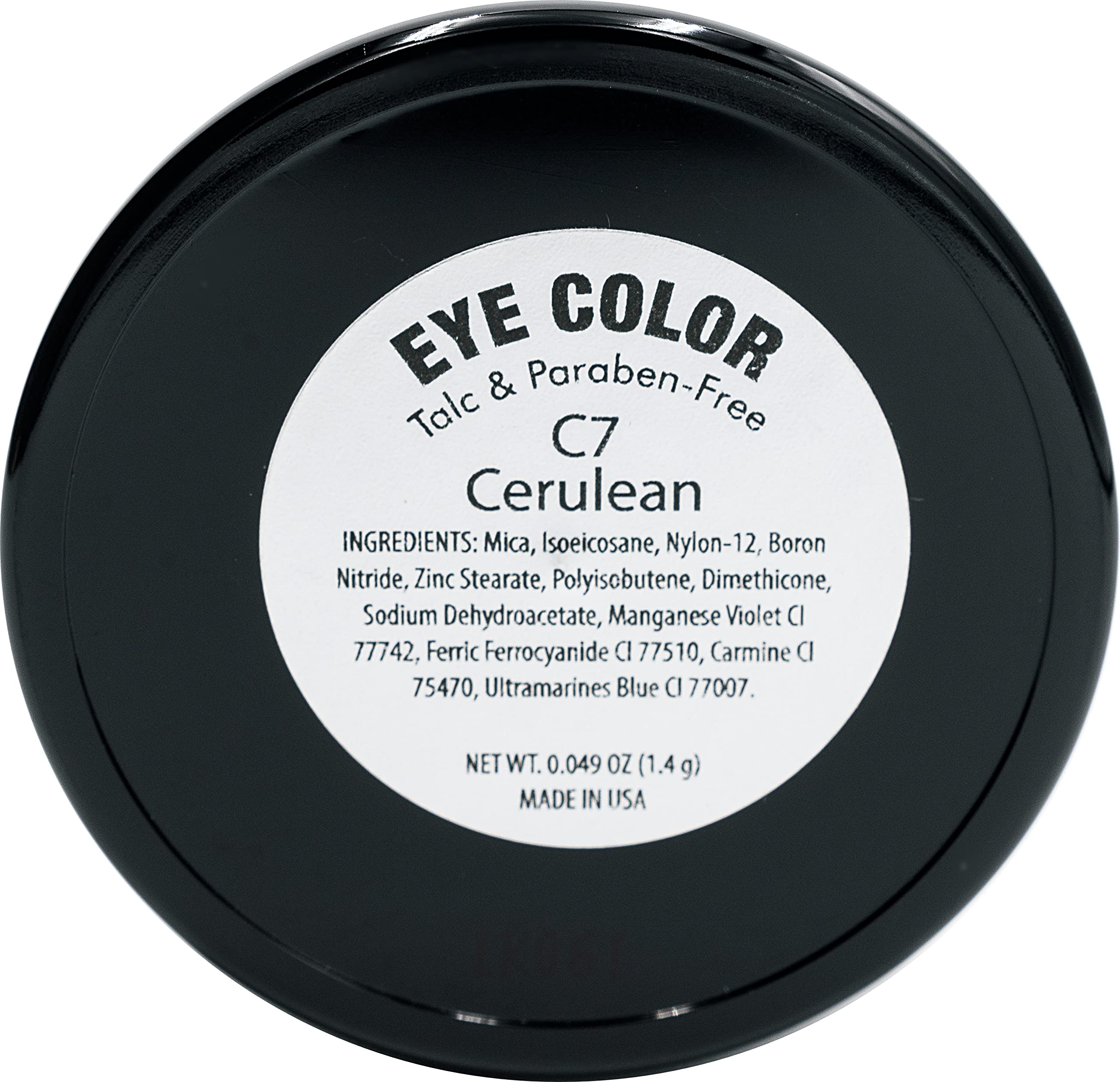 Black eye color container with white label displaying product details on a white background