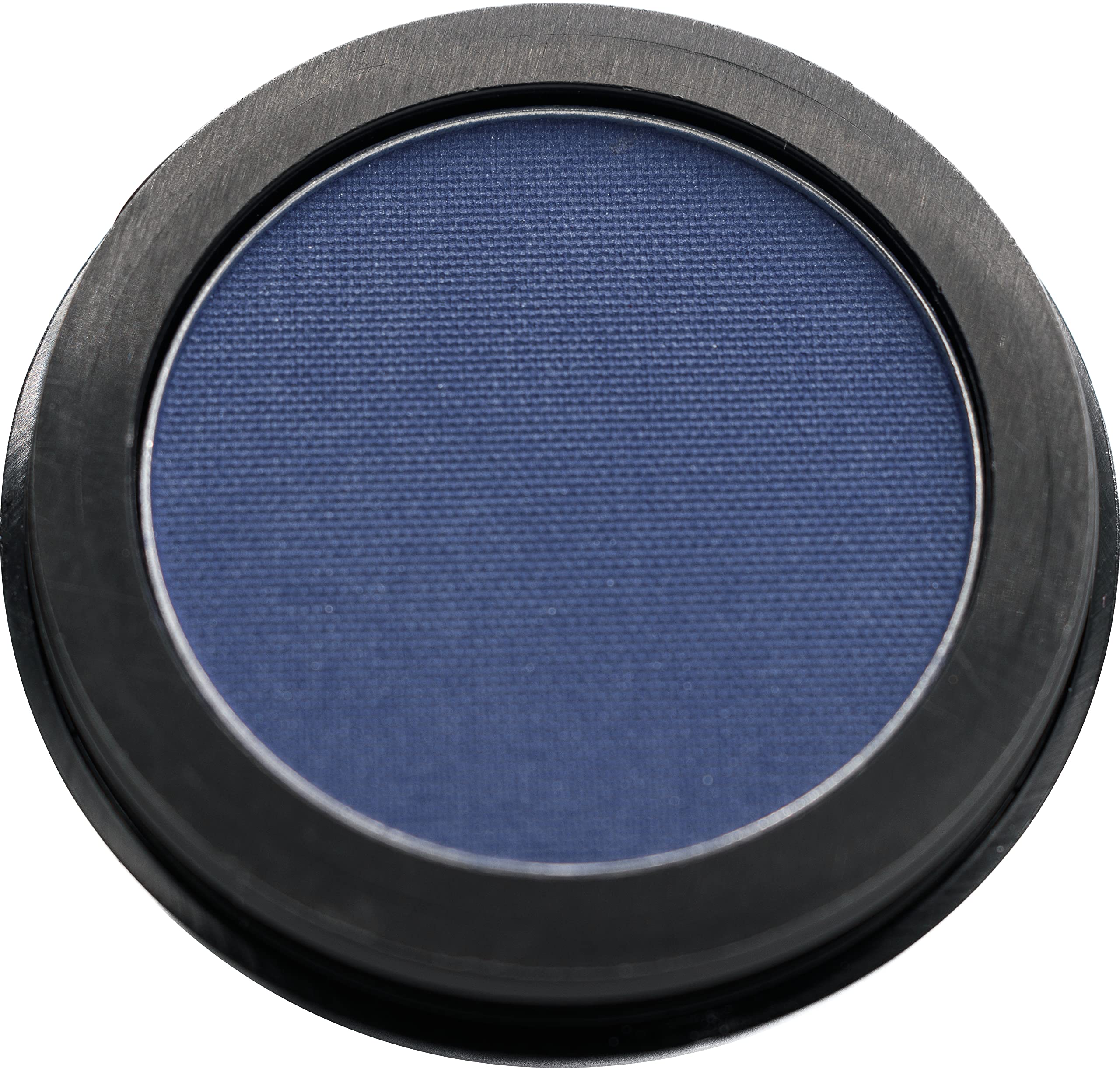 Blue eyeshadow in a round container with a black lid on a white background