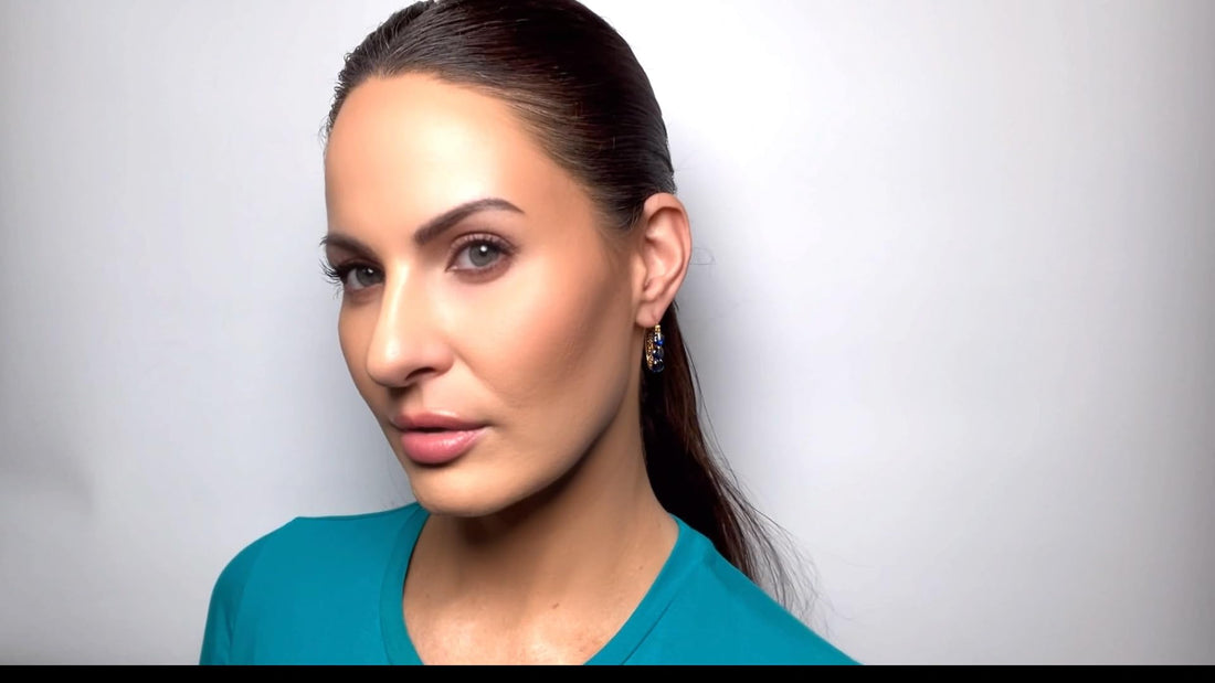 Classic 3-Stone 1 Inch Deep Royal Navy Blue Cubic Zirconia CZ Oval Hoop Earrings, 18k Yellow Gold Filled