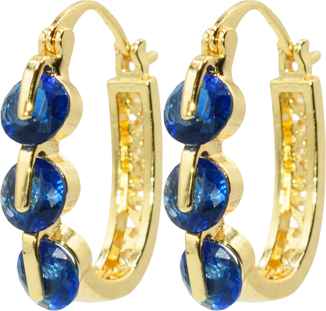 Classic 3-Stone 1 Inch Deep Royal Navy Blue Cubic Zirconia CZ Oval Hoop Earrings, 18k Yellow Gold Filled