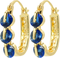 Classic 3-Stone 1 Inch Deep Royal Navy Blue Cubic Zirconia CZ Oval Hoop Earrings, 18k Yellow Gold Filled