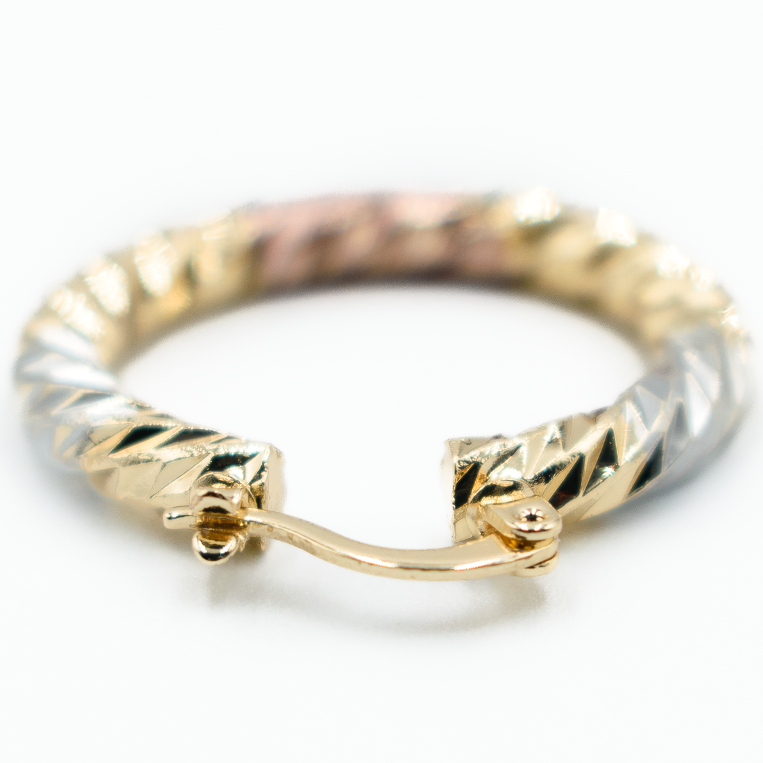 1.25" Inch Diamond Laser Cut Tri Tone Hoop Earring, Yellow Gold, Silver Tone, & Rose Gold Filled Plating