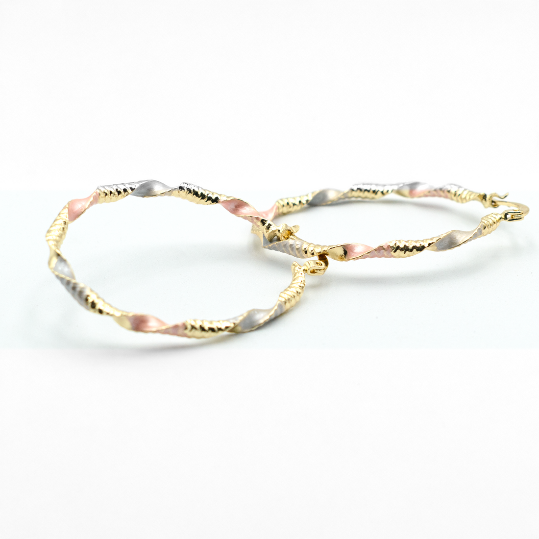 1.70" Oval Twisted Rope Vintage Retro Wave Tri-Tone Rose Gold, Yellow Golden, & Silver Tone Hoop Earrings, Gold Filled Plated