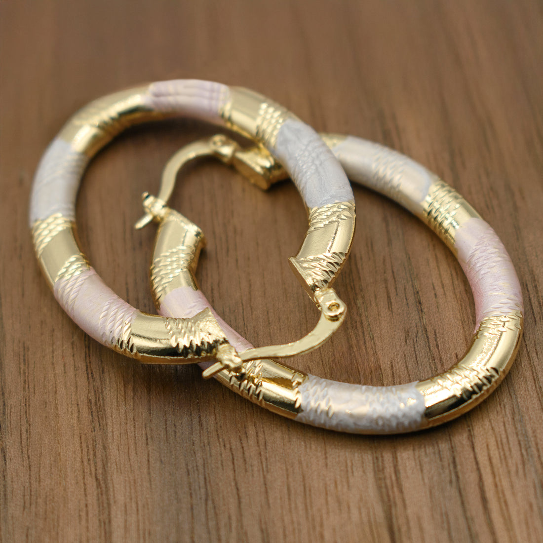 1.42" Inch Oval Art Deco Tri-Tone Rose Gold, Yellow Gold, & Silver Painted Hoop Earrings, Gold Filled Plated