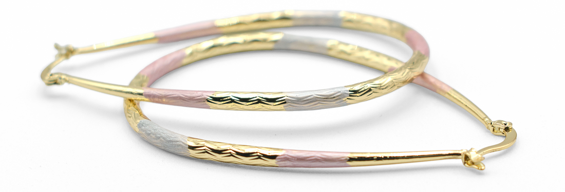 2.61 Oval Art Deco Tri-Tone Painted Rose Gold, Yellow Golden, & Silver Tone Hoop Earrings, Gold Filled Plated