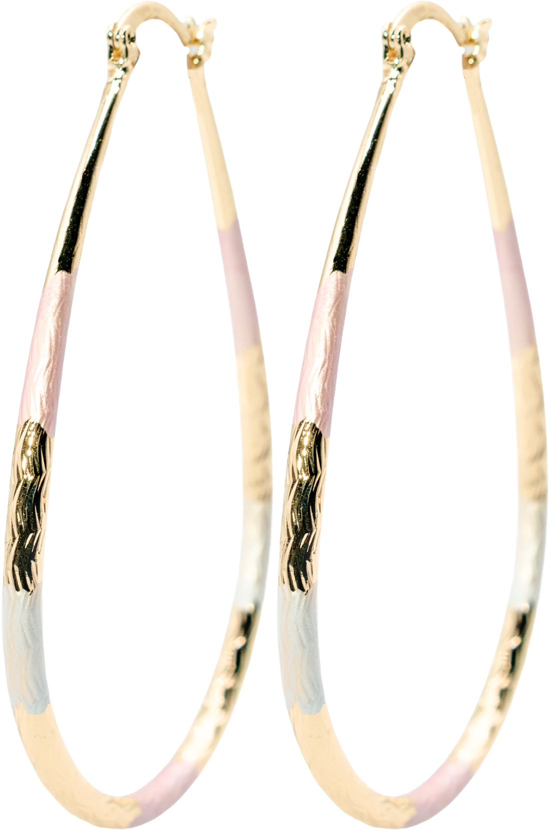 2.61 Oval Art Deco Tri-Tone Painted Rose Gold, Yellow Golden, & Silver Tone Hoop Earrings, Gold Filled Plated