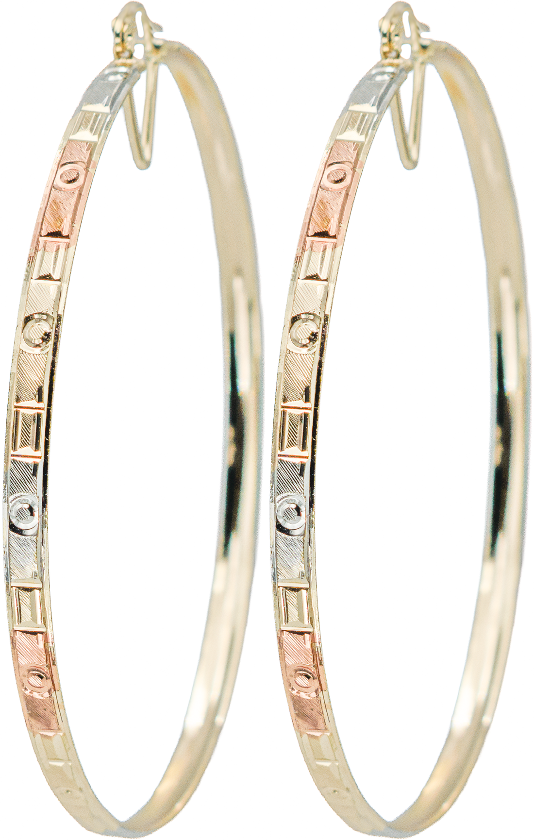 2.75" Inch Tribal Circle & Square Design Three Tri-Tone Rose Gold, Yellow Golden, & Silver Tone Hoop Earrings, Gold Plated