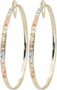 2.75" Inch Tribal Circle & Square Design Three Tri-Tone Rose Gold, Yellow Golden, & Silver Tone Hoop Earrings, Gold Plated